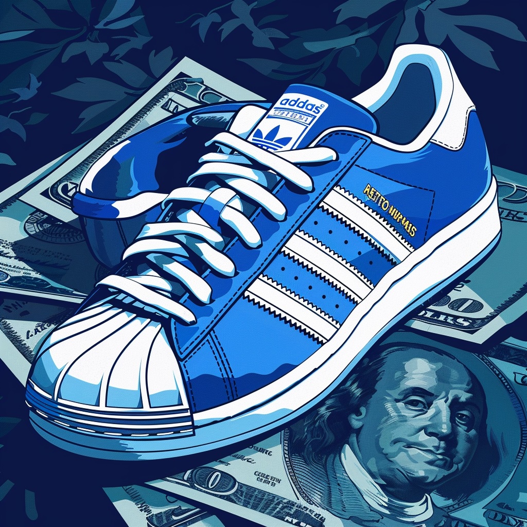 haz un dibujo vectorial 2d en azul y blanco de unas zapatillas adidas encima de un saco de dinero y un silvato Job ID: 43154da9-03eb-4aea-944a-8a74cba2e3be